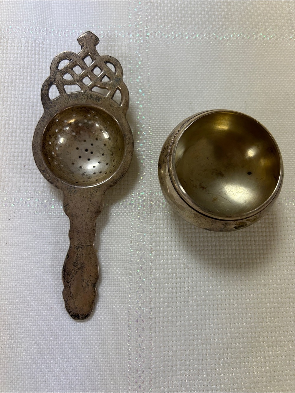 Vintage silver plated tea strainer and drip bowl set